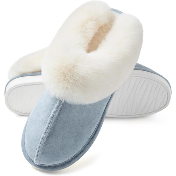 Women's Light Blue Fluffy Cozy Winter Warm Memory Foam Slip On Slippers Shoes - Picture 3 of 7
